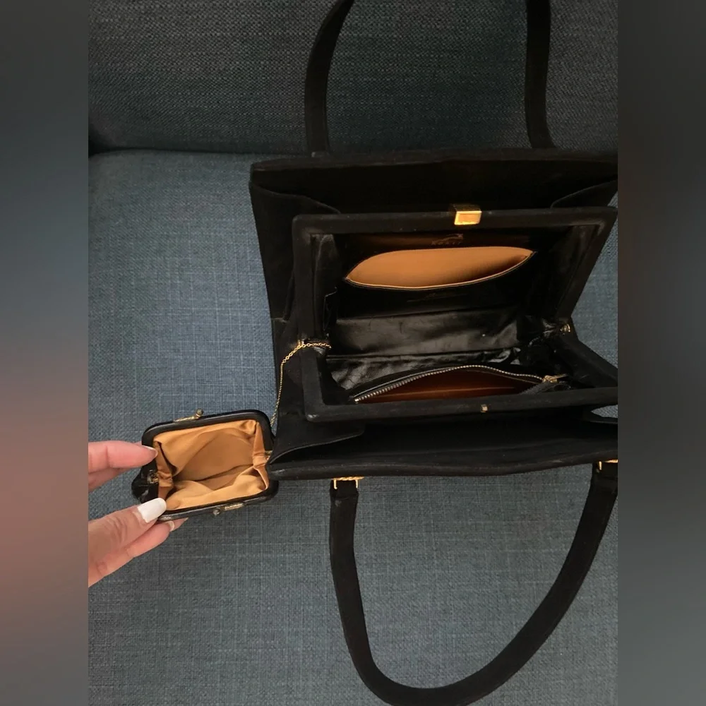 Vintage 2 Pieces Black Suede Leather Top Handle Handbag Gold Hardware Bee Accent - Picture 10 of 16